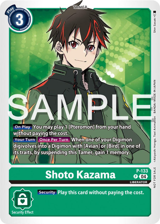 A Digimon card features Shoto Kazama [P-133] (Digimon Liberator Promotion Pack) [Promotional Cards] dressed in a black jacket with red accents. He has short red and black hair. The card’s main text details his abilities, which include playing a card without paying the cost and gaining memory under certain conditions. A security effect is also noted.