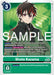 A Digimon card features Shoto Kazama [P-133] (Digimon Liberator Promotion Pack) [Promotional Cards] dressed in a black jacket with red accents. He has short red and black hair. The card’s main text details his abilities, which include playing a card without paying the cost and gaining memory under certain conditions. A security effect is also noted.