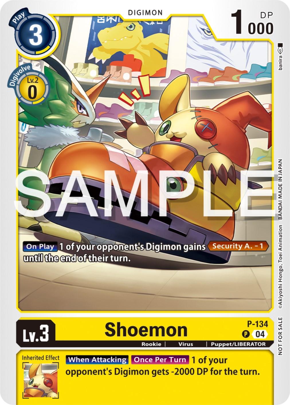 A Digimon promo card featuring Shoemon [P-134] (Digimon Liberator Promotion Pack) [Promotional Cards]. The card shows a stuffed bear-like Digimon with an eye patch and red gloves. It details various stats and effects, including the main effect 