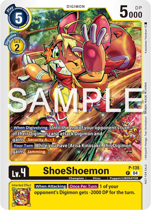 A Digimon promotional card featuring ShoeShoemon [P-135] (Digimon Liberator Promotion Pack) [Promotional Cards]. The character is a red and yellow anthropomorphic shoe with razor-sharp claws and expressive eyes. The card has a blue Level 4 and Digivolve (from Level 3) indicator, 5000 DP, and special abilities. The text "SAMPLE" is overlaid in white.
