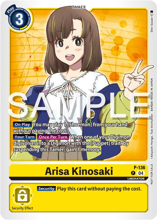 A Digimon promotional card featuring Arisa Kinosaki [P-136] (Digimon Liberator Promotion Pack) [Promotional Cards], a Digi type LIBERATOR Tamer. The card shows an animated character with short brown hair, wearing a white shirt and yellow skirt, posed cheerfully. It details various abilities and effects like "On Play," "Your Turn," and "Security," with relevant game rules text.