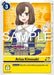 A Digimon promotional card featuring Arisa Kinosaki [P-136] (Digimon Liberator Promotion Pack) [Promotional Cards], a Digi type LIBERATOR Tamer. The card shows an animated character with short brown hair, wearing a white shirt and yellow skirt, posed cheerfully. It details various abilities and effects like "On Play," "Your Turn," and "Security," with relevant game rules text.