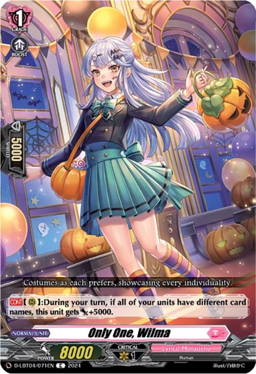 A card featuring a character with long, silver hair in twin tails, wearing a blue and green school uniform. She holds a pumpkin basket and jumps joyfully in a decorated, festive setting. The 