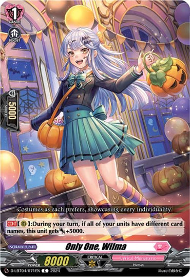 A card featuring a character with long, silver hair in twin tails, wearing a blue and green school uniform. She holds a pumpkin basket and jumps joyfully in a decorated, festive setting. The "Only One, Wilma (D-LBT04/071EN) [Lyrical Monasterio: Trick or Trick!]" card from Bushiroad includes game details like power (8000) and abilities.