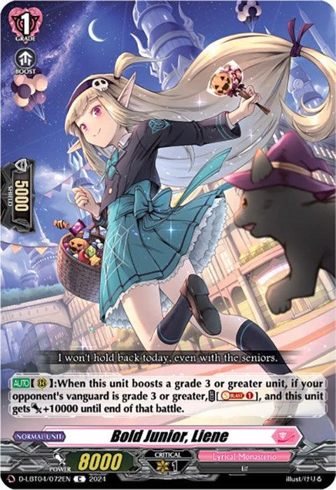 A fantasy-themed card from the game Vanguard features "Bold Junior, Liene (D-LBT04/072EN) [Lyrical Monasterio: Trick or Trick!]" by Bushiroad, depicting a blonde girl in a teal school uniform holding a staff and sweets. She stands in the starry, dreamy cityscape of Lyrical Monasterio with a black cat. The card illustrates her special abilities with an 8000 power boost and 1 critical.