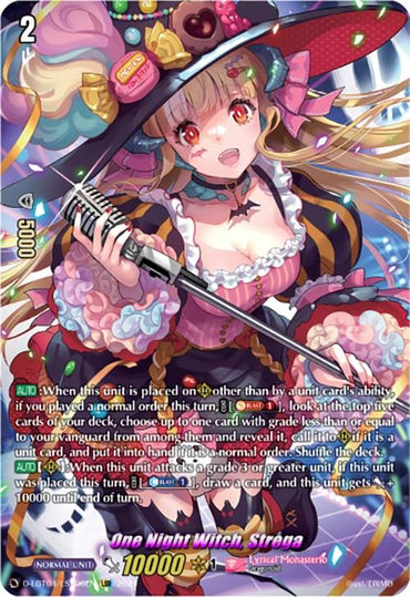 This trading card showcases "One Night Witch, Strega" from the Lyrical Monasterio: Trick or Trick! collection by Bushiroad. It features an anime-style witch with long blonde hair, a ribbon-adorned hat, and a vibrant frilly outfit as she holds a microphone. The card includes the "Trick or Trick!" abilities and has a power level of 10,000 in the bottom right corner.