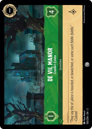 The "De Vil Manor" card by Disney features a spooky mansion titled "Cruella's Estate," with twisted trees under an eerie green sky. It includes values 1 and 4, a location icon, and the quote: "Into the Inklands they wandered; they say the ol’ place is haunted or bewitched...