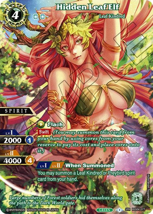 A Special Rare trading card for Hidden Leaf Elf (SPR) (BSS04-077) [Savior of Chaos] by Bandai with a mystical forest theme. The elf has long red hair, a leafy crown, and armor covered in greenery. The card boasts stats and abilities like "Flash" and "When Summoned." Detailed artwork enhances the text describing this Leaf Kindred character's powers.