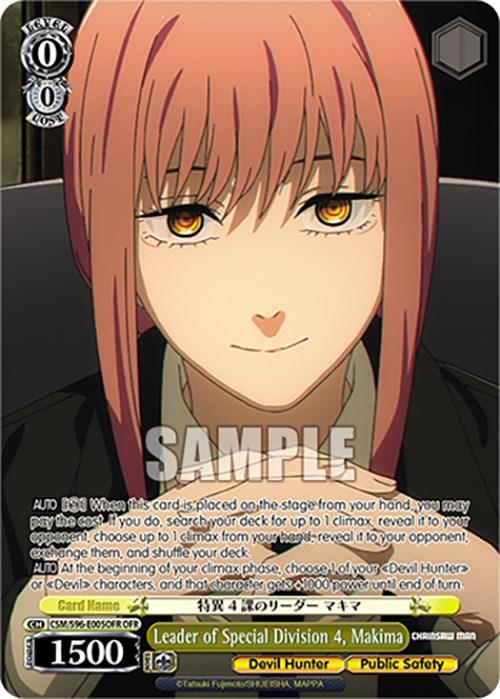 A trading card features an anime-style character with red hair and yellow eyes, smiling gently. The card title is "Leader of Special Division 4, Makima (CSM/S96-E005OFR OFR) [Chainsaw Man]," a Devil Hunter from Chainsaw Man, by Bushiroad, with various stats and abilities listed. Large text reading "SAMPLE" is prominently displayed across the center.