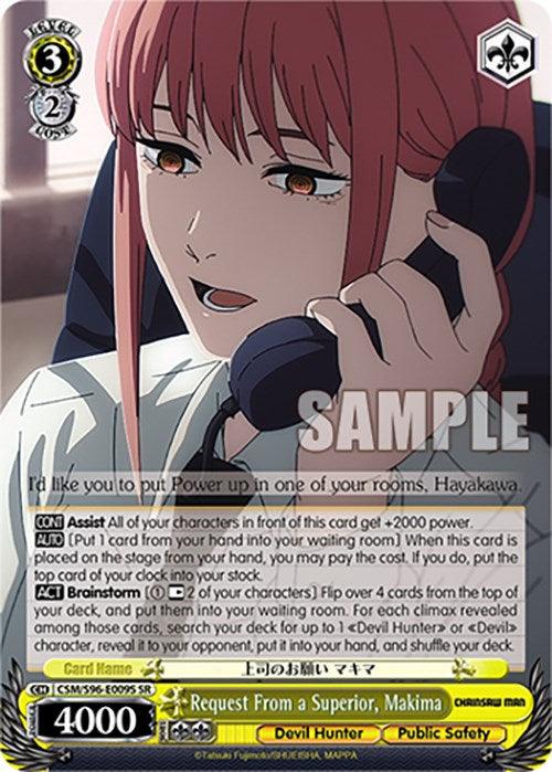 A Super Rare character card from a game featuring a female character with pink hair and a skeptical expression. She is wearing a suit and tie, appearing to be sitting, illuminated by light from a window. The card includes various statistics and abilities, labeled with icons, numbers, and text in English and Japanese. This is the Request From a Superior, Makima (CSM/S96-E009S SR) [Chainsaw Man] by Bushiroad.