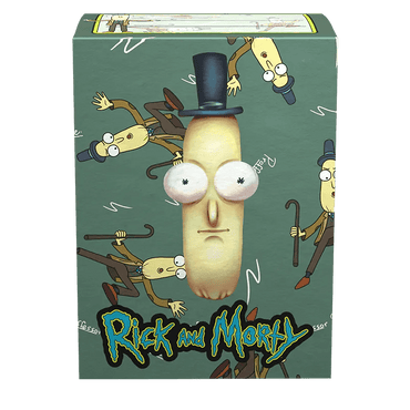 The Arcane Tinmen Dragon Shield features 100 standard art sleeves with a "Rick and Morty" design. The box showcases characters in suits with canes, highlighted by Mr. Poopybutthole in bold relief, perfect for storing trading cards and displaying the logo at the bottom.