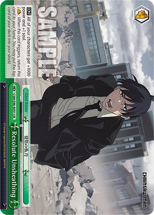 A sample Bushiroad Resolute Unsheathing (CSM/S96-E051 CR) [Chainsaw Man] trading card features an anime character from "Chainsaw Man" kneeling amidst rubble in a distressed city scene. Text describes card abilities; the highlighted "Resolute Unsheathing" provides benefits in the game. The card's layout—on a striking green background—includes various stats and symbols.
