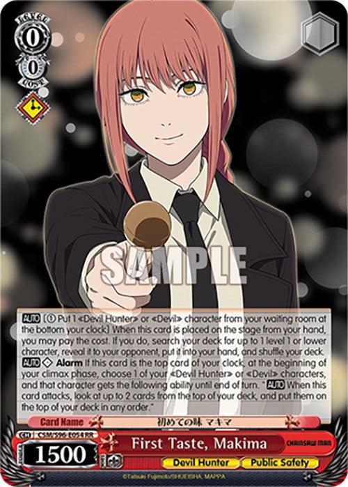 The image is a Bushiroad Chainsaw Man card featuring the Devil Hunter character named "First Taste, Makima (CSM/S96-E054 RR)" [Chainsaw Man]. The character has medium-length red hair and is wearing a formal suit with a tie. She is holding a gun pointed directly at the viewer. This Double Rare card has various stats, abilities, and descriptions in English and Japanese.