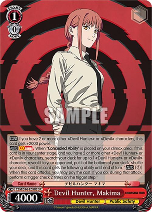 A Bushiroad trading card features a red-haired woman, "Devil Hunter, Makima (CSM/S96-E058S SR) [Chainsaw Man]," in a white shirt and black tie. The card boasts an intricate design with red and black hues, various icons, and detailed descriptions of abilities. She stands confidently against a red background with a serious expression.