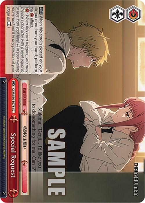 A trading card features an anime-style illustration of a young man with blonde hair and a young woman with pink hair facing each other. The woman, reminiscent of characters from Chainsaw Man, is holding the man's tie as he leans towards her. The card includes text, stats, and the label "Special Request (CSM/S96-E078 CC) [Chainsaw Man]" at the bottom. This card is produced by Bushiroad.
