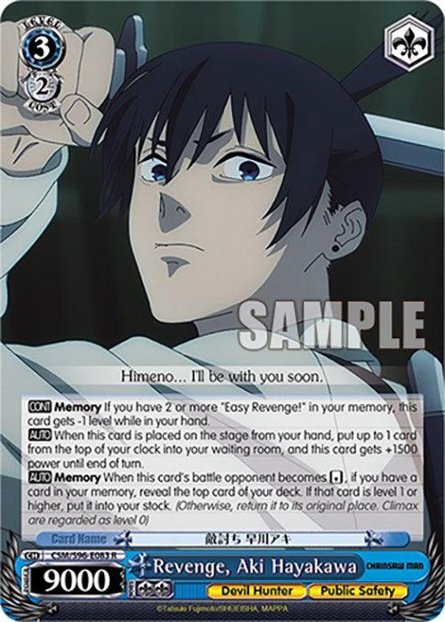 An anime-style card features a serious-looking character named Aki Hayakawa, a prominent Devil Hunter from Chainsaw Man. The rare character card has various text sections describing abilities and stats, including "Level 3," "Cost 2," "Memory," and "9000 power." The background includes some textual elements and a dark-toned design. This product is called Revenge, Aki Hayakawa (CSM/S96-E083 R) [Chainsaw Man] by Bushiroad.