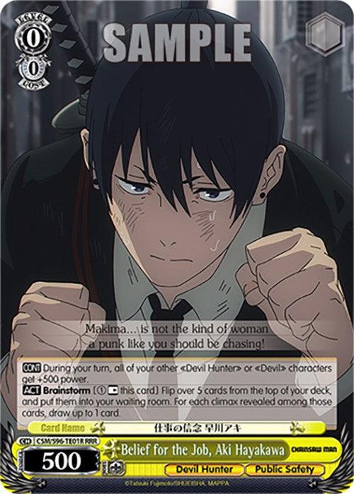 A "Belief for the Job, Aki Hayakawa (CSM/S96-TE01R RRR) [Chainsaw Man]" trading card by Bushiroad showcasing Devil Hunter Aki Hayakawa. He stands in a serious stance, holding a sword. The card features game stats: cost 0, level 0, and 500 power. The text box contains abilities and flavor text, with the series' logo and "SAMPLE" watermark at the top.
