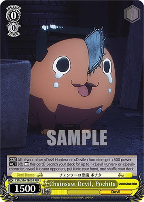 A trading card titled "Chainsaw Devil, Pochita (CSM/S96-TE03R RRR) [Chainsaw Man]" from the game Weiss Schwarz by Bushiroad. The Triple Rare card showcases a cute, round, orange and black character from Chainsaw Man with a friendly expression, a tiny tail, and a prominent chainsaw blade emerging from its head. It has 1500 power and various stats and abilities. The word "SAMPLE" is overlaid.