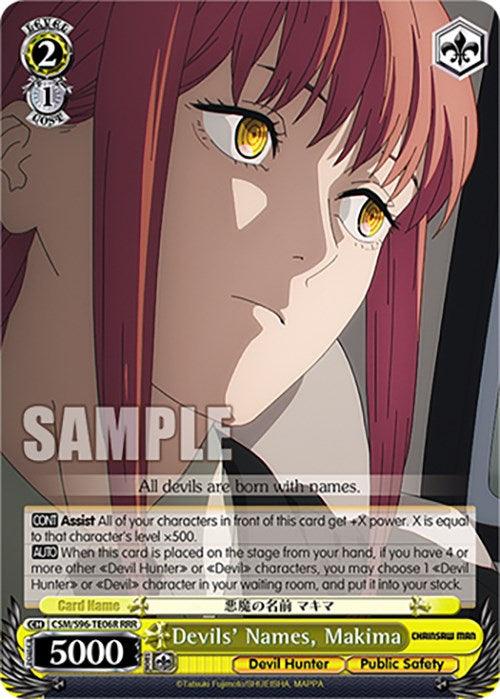 An anime trading card featuring a close-up of a character with long auburn hair, yellow eyes, and a fierce expression. The character, known from Chainsaw Man as Makima, is wearing a suit. The text includes the title "Devils' Names, Makima" and details about the card's game effects like assisting characters and card exchange abilities. This Triple Rare card is perfect for any Devils' Names, Makima (CSM/S96-TE06R RRR) [Chainsaw Man] by Bushiroad collector.