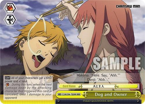 A "Dog and Owner (CSM/S96-TE09R RRR) [Chainsaw Man]" Climax Card titled "Dog and Owner." The card features Makima feeding Denji, who eagerly anticipates with his mouth wide open. The text enhances characters' power and notes a damage increase during the turn. The series logo and "SAMPLE" watermark are present on this Triple Rare card by Bushiroad.