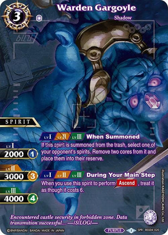 A fantasy-themed trading card titled "Warden Gargoyle (SPR) (BSS04-020) [Savior of Chaos]" from Bandai. The card depicts a blue, stone-like gargoyle with glowing red eyes. It features level markers, attack and defense stats, and a purple border. Special abilities are listed for various levels, complete with colorful icons and detailed descriptions.