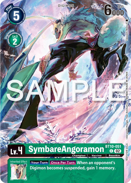A Promo Digimon trading card featuring SymbareAngoramon [BT10-051] (Digimon Illustration Competition Pack 2023) [Xros Encounter Promos]. The card has a "Play" cost of 5, a "Digivolve" cost of 2, and 6000 DP. As a Level 4 Champion, Vaccine, Beastkin type, its ability reads: "When an opponent's Digimon becomes suspended, gain 1 memory." The background showcases an action pose.