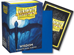 An image of Arcane Tinmen's "Dragon Shield: Standard 100ct Sleeves - Wisdom (Dual Matte)" for trading cards. The packaging features a blue dragon silhouette against a blue and white background, displaying the product name and the number 100. Next to the box are a black interior sleeve and another showcasing the Dragon Shield logo, highlighting its card art POP design.