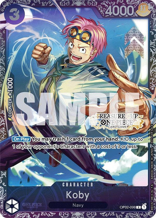 A "Koby (Treasure Cup) [One Piece Promotion Cards]" character card from Bandai featuring Koby with pink hair and goggles. The card's attributes include 4000 power, 3 cost, and the ability to K.O. opponent's characters with a cost of 3 or less by trashing one card from your hand.