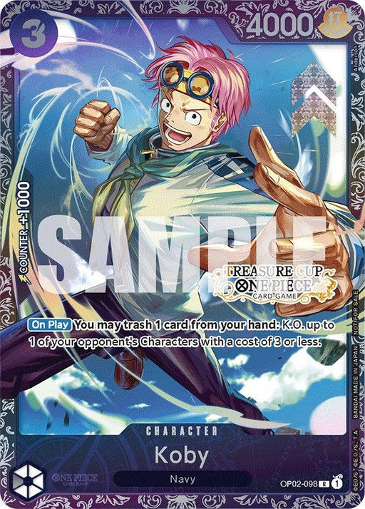 A "Koby (Treasure Cup) [One Piece Promotion Cards]" character card from Bandai featuring Koby with pink hair and goggles. The card's attributes include 4000 power, 3 cost, and the ability to K.O. opponent's characters with a cost of 3 or less by trashing one card from your hand.