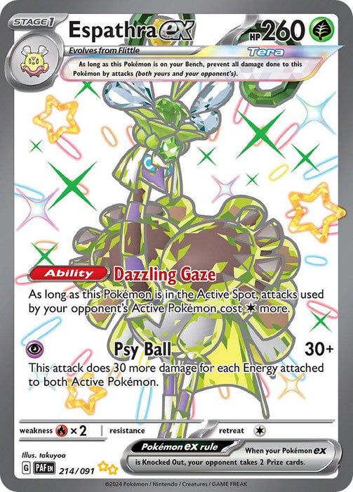 A Shiny Ultra Rare Pokémon trading card featuring Espathra ex from the Scarlet & Violet: Paldean Fates series. It has 260 HP and showcases its tera type. Espathra's abilities include "Dazzling Gaze" and the move "Psy Ball," which deals 30+ damage. The card includes stats, weaknesses, and rules, with vibrant star and heart. This is the Espathra ex (214/091) [Scarlet & Violet: Paldean Fates] by Pokémon.