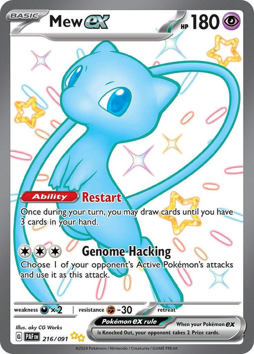 A Pokémon trading card features Mew ex, a blue, cat-like creature with large eyes and a long, slender tail. The card has a holographic background with colorful stars. It boasts 180 HP and two abilities: "Restart" and "Genome Hacking." Part of the Pokémon Scarlet & Violet: Paldean Fates series, it’s numbered 216/091.