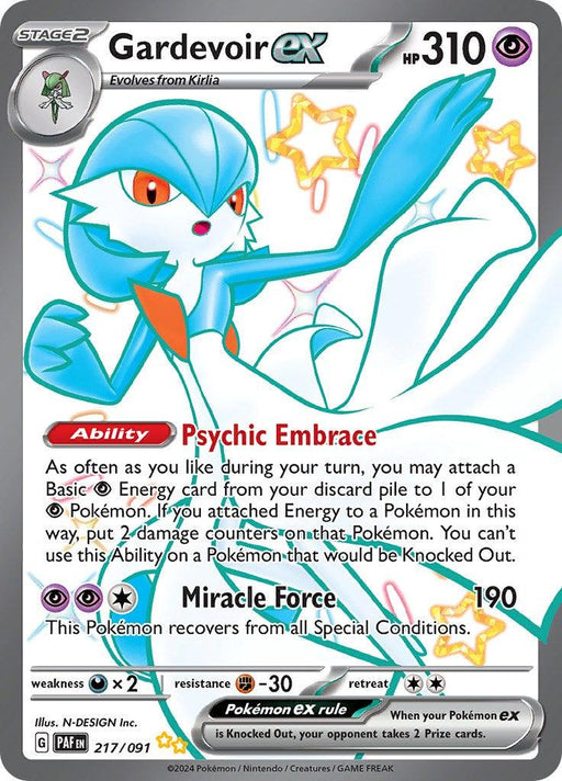 The image is of a Pokémon trading card featuring Gardevoir ex (217/091) [Scarlet & Violet: Paldean Fates] from the Pokémon series. The card shows an illustrated, humanoid Pokémon with a white and green body and a flowing blue gown. It has an HP of 310, its ability is "Psychic Embrace," and its move is "Miracle Force" with 190 damage. The rarity symbol is a black star.