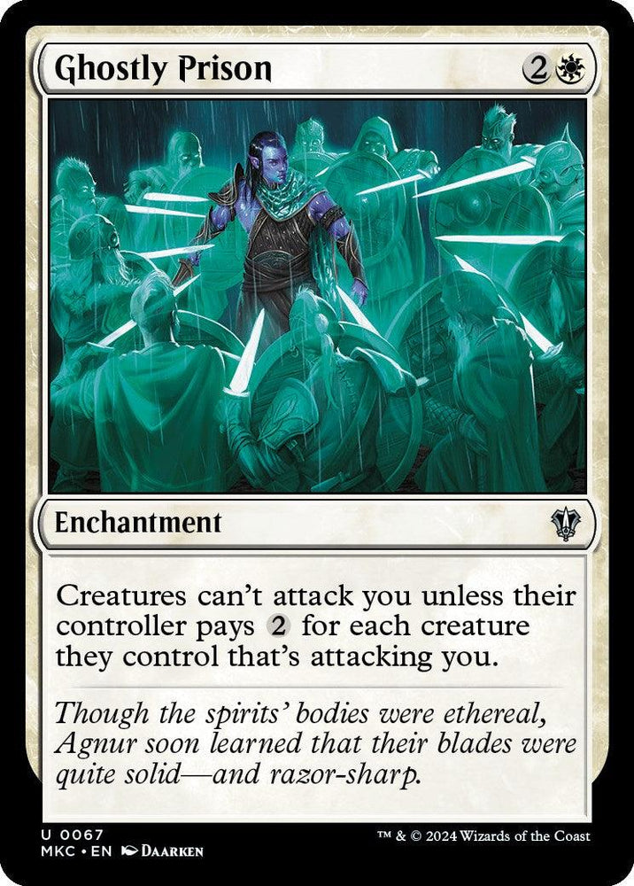 A "Ghostly Prison [Murders at Karlov Manor Commander]" Magic: The Gathering Enchantment featuring a central armored figure surrounded by green, translucent ghost-like figures with swords. It costs 2 colorless and 1 white mana and reads, "Creatures can't attack you unless their controller pays 2 for each creature." From the Murders at Karlov Manor collection. Flavor text: "Though the spirits' bodies were ethereal