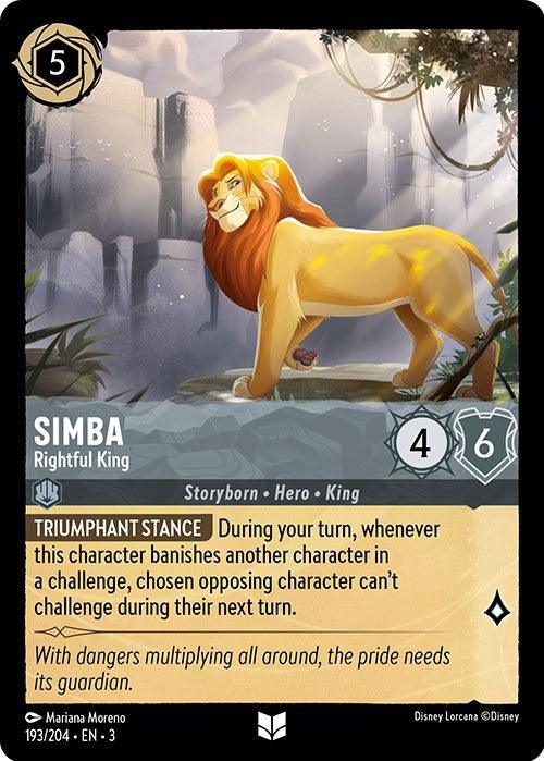 A card from Disney, titled "Simba - Rightful King (193/204) [Into the Inklands]," showcases Simba standing majestically on a rock with sunlight streaming down. With a golden mane and proud stance, he features a cost of 5, strength of 4, and willpower of 6. His special ability "Triumphant Stance" highlights his reign in the Inklands.