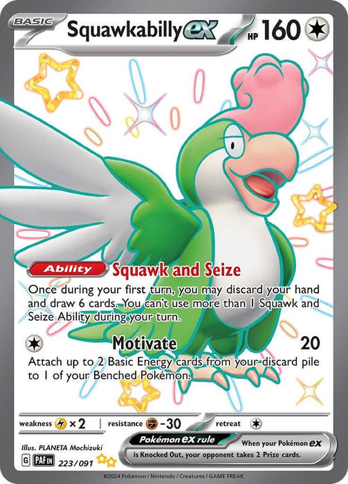 A "Squawkabilly ex (223/091) [Scarlet & Violet: Paldean Fates]" Pokémon card from the Paldean Fates set, featuring artwork of a green and white bird with a pompadour hairstyle. With 160 HP and two abilities: "Squawk and Seize" and "Motivate," this card also has a retreat cost of 1, weakness to electric types, and resistance to fighting types.