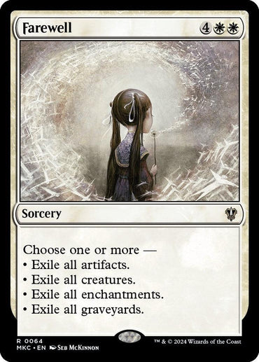 A Magic: The Gathering card titled "Farewell [Murders at Karlov Manor Commander]" features a young girl with long hair holding a lit candle, facing a blurred background with floating lights. This sorcery card includes the game instructions: "Choose one or more — Exile all artifacts, creatures, enchantments, and graveyards.