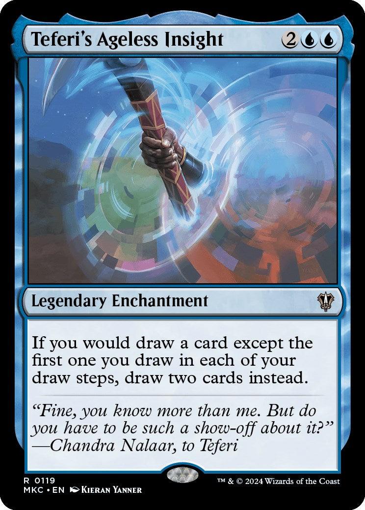 Image of a Magic: The Gathering card titled “Teferi’s Ageless Insight [Murders at Karlov Manor Commander].” This rare, blue Legendary Enchantment card features a hand holding a staff with a glowing blue orb at the center, creating a swirling vortex. The card text reads: 