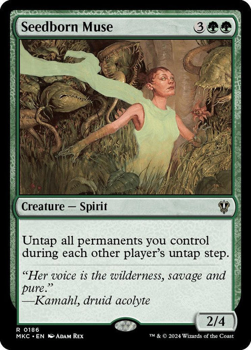 The rare Magic: The Gathering card "Seedborn Muse [Murders at Karlov Manor Commander]" features a spectral, ethereal woman with long, flowing hair surrounded by vines and plant creatures in a forest. With a mana cost of 3 generic and 2 green mana, this 2/4 creature boasts an ability perfect for your Commander deck.