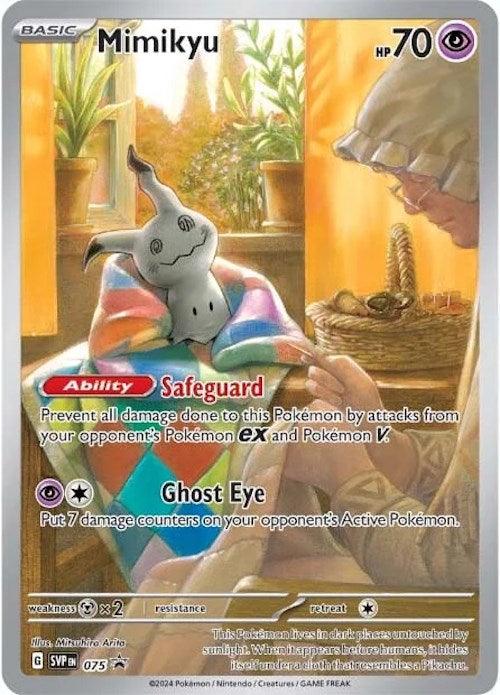 The image is a Pokémon card from the Scarlet & Violet: Black Star Promos series featuring Mimikyu (SVP075) by Pokémon. The card displays Mimikyu sitting on a colorful blanket. An elderly woman is knitting nearby, surrounded by a cozy, sunlit room with plants. Mimikyu has an ability called "Safeguard" and a move named "Ghost Eye." Its HP is 70, and it belongs to the Psychic type.