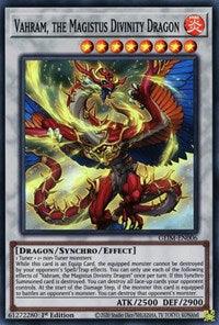 A Yu-Gi-Oh! Vahram, the Magistus Divinity Dragon [GEIM-EN006] Super Rare trading card. The card shows a red and orange dragon with glowing runes and blue flames. The text details Vahram's Synchro/Effect Monster abilities. Its stats are ATK/2500 and DEF/2900.