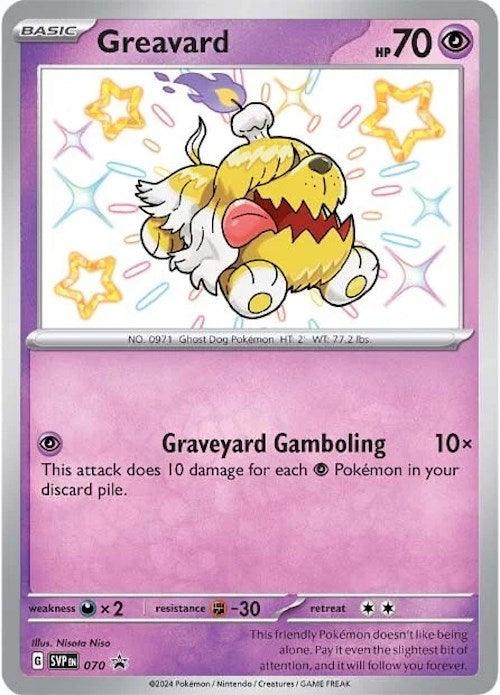 A Pokémon trading card featuring Greavard. Greavard is a ghost dog Pokémon from the Scarlet & Violet series, with a fluffy, yellow, shaggy body and white mane, wearing a lit candle on its head. The Greavard (SVP070) [Scarlet & Violet: Black Star Promos] by Pokémon has 70 HP, a single attack named "Graveyard Gamboling," and other game-related details. Background is light purple.