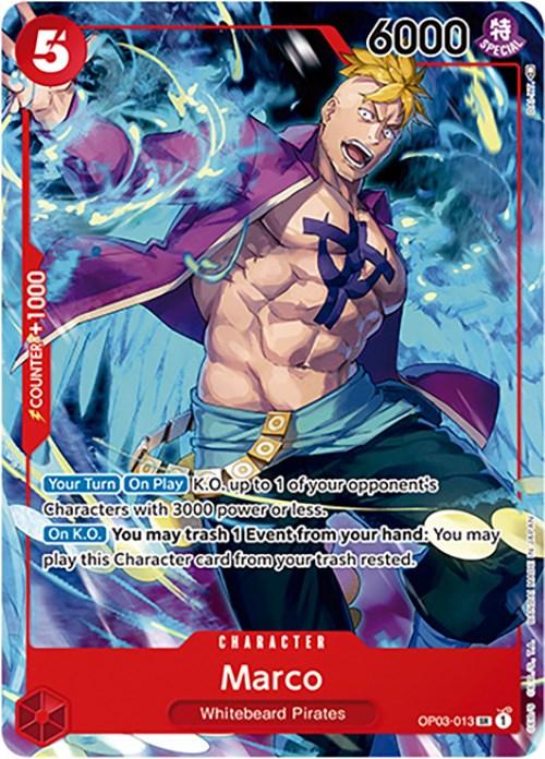 A Super Rare Bandai Marco (Japanese 1st Anniversary Set) [One Piece Promotion Cards] trading card featuring the character Marco of the Whitebeard Pirates. The card shows Marco in a dynamic pose, with blond hair, a blue shirt, and a red cape. With a power value of 6000, counter value of 1000, and special abilities, it has the number 5 in red on the top left corner.