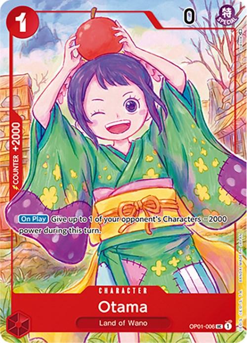 This colorful Otama (Japanese 1st Anniversary Set) [One Piece Promotion Cards], number OP01-006, features Otama from "Land of Wano." Otama, a young girl with dark hair, wears a bright green kimono adorned with yellow and pink accents. Holding a red fruit above her head and winking, she showcases her abilities in the game. This card has an uncommon rarity.