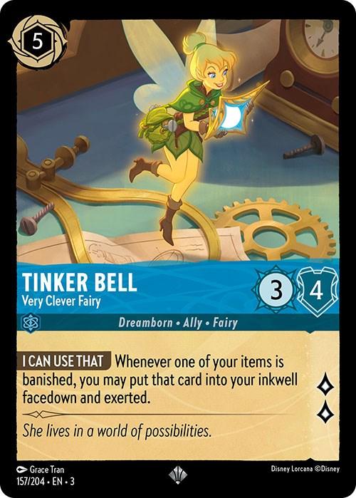 A Disney Tinker Bell - Very Clever Fairy (157/204) [Into the Inklands] trading card featuring Tinker Bell, a Super Rare labeled "Very Clever Fairy." The card has a cost of 5, power of 3, and toughness of 4. Tinker Bell is depicted mid-air, holding a glowing staff. Text: "I Can Use That: Whenever one of your items is banished, you may put that card into your inkw