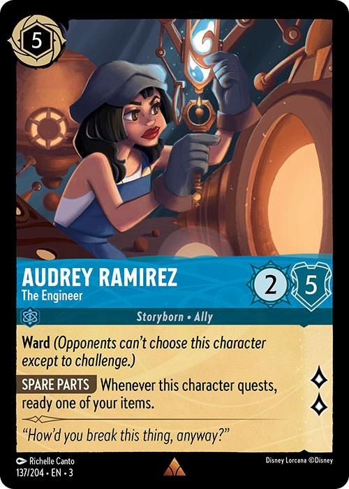A Disney trading card featuring "Audrey Ramirez - The Engineer (137/204) [Into the Inklands]." Audrey is depicted in a mechanic outfit, holding a wrench, surrounded by machinery. The card's stats include a cost of 5, strength of 2, and willpower of 5. Special abilities: "Ward" and "Spare Parts.