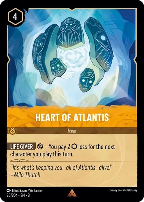 A trading card titled "Heart of Atlantis (30/204) [Into the Inklands]" from Disney features an illustration of a glowing stone artifact made of five blue stones adorned with intricate designs. The card, marked with a cost of 4 in the top right corner, showcases the "Life Giver" ability and includes a quote from Milo Thatch.