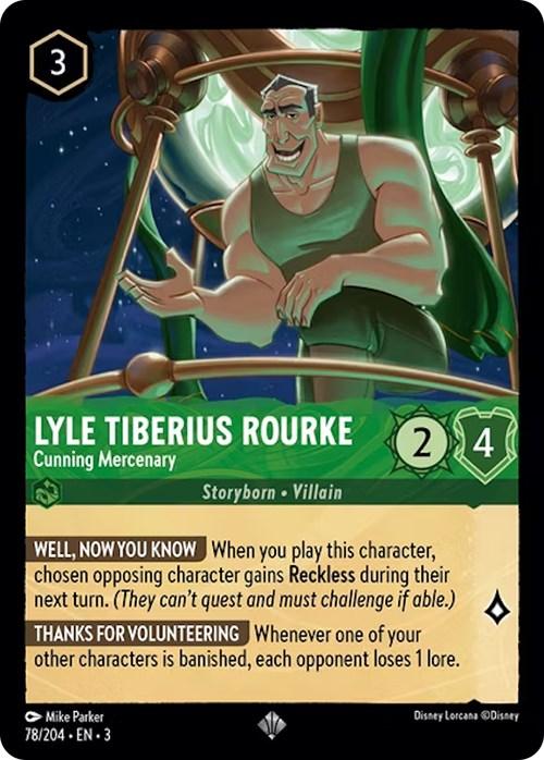 A Disney Lyle Tiberius Rourke - Cunning Mercenary (78/204) [Into the Inklands] trading card portraying Lyle Tiberius Rourke, a cunning mercenary and villainous character. Rourke, depicted with muscular arms and a sinister grin, stands under a spotlight. The super rare card’s stats show a cost of 3 ink, with 2 strength and 4 willpower, along with special abilities and flavor text.