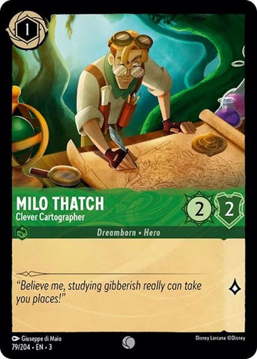 The Disney card "Milo Thatch - Clever Cartographer" (79/204) from Into the Inklands depicts an animated Milo in glasses and a vest, examining a map with a magnifying glass. With 2/2 stats, it declares, "Believe me, studying gibberish really can take you places!.