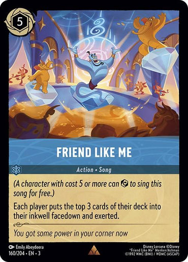 A rare card titled "Friend Like Me (160/204) [Into the Inklands]" from Disney, showing a genie in mid-air with arms spread wide, emerging from a lamp. The genie is flanked by a sword-wielding figure on the left and another figure throwing confetti on the right. Text details the card's action and song effects for gameplay into the Inklands.