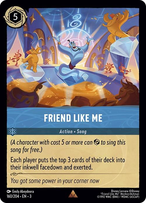 A rare card titled "Friend Like Me (160/204) [Into the Inklands]" from Disney, showing a genie in mid-air with arms spread wide, emerging from a lamp. The genie is flanked by a sword-wielding figure on the left and another figure throwing confetti on the right. Text details the card's action and song effects for gameplay into the Inklands.